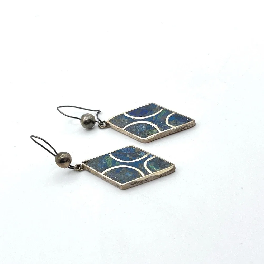 Vintage‎ Mexican Sterling Silver Azurite Malachite Inlay Diamond Drop Earrings